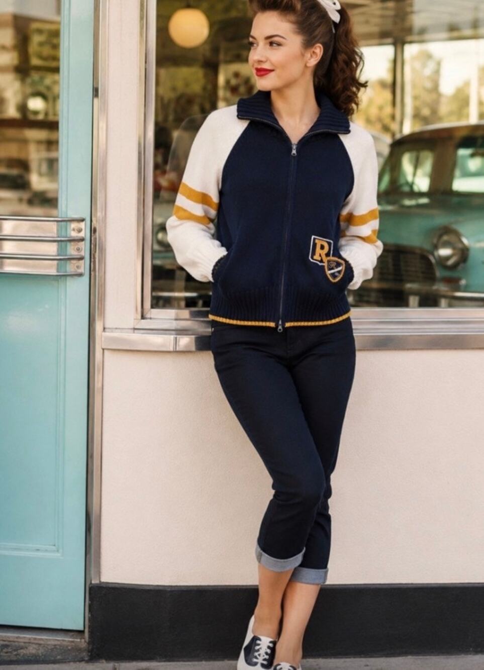 Vintage Route 66 Varsity Zip Cardigan Sweater collegiate retro school girl L